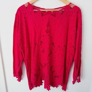 Vintage Red Floral‎ Cutout Top Womens L Asymmetrical Boho Fairy Romantic Lace